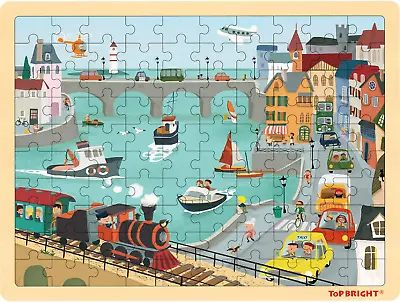 TOP BRIGHT 100 Piece Wooden Jigsaw Puzzles For Kids 3 4 5 Year Old Urban Wooden • £14.57