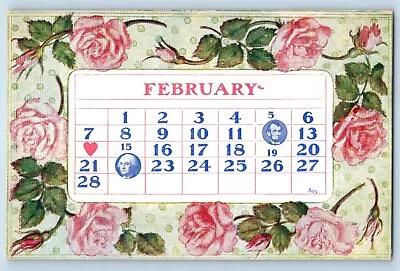 Valentine Postcard February 14 Calendar Roses Flowers Embossed C1910's Antique • $14.95