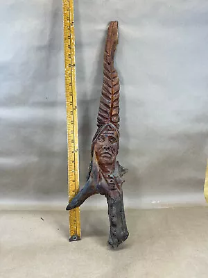 Vtg Wood Spirit Carving Native American Indian 23  Driftwood Branch Feather • $49.95