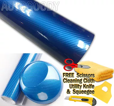 24 X60  HIGH GLOSS 5D Blue Carbon Fiber Vinyl Wrap Air Bubble Free 2ft X 5ft 6D • $16.88