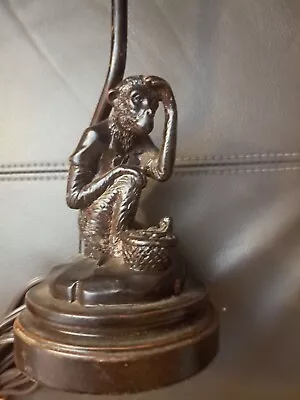 Vintage Monkey Chimp Watching Over Fruit Basket Lamp Bronze Colored Resin  • $55