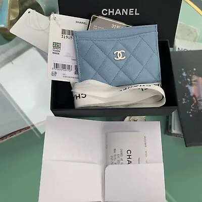 22S CHANEL Classic Flat Card Holder Wallet Caviar Blue LGHW 2022 • $750