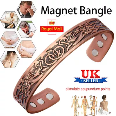 Mens Copper Magnetic Bangle Bracelet Cuff Pain Relief Arthritis Carpel Tunnel UK • £6.99