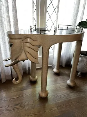 Carved Wood Rolling Elephant Bar Cart By Marge Carson • $3000