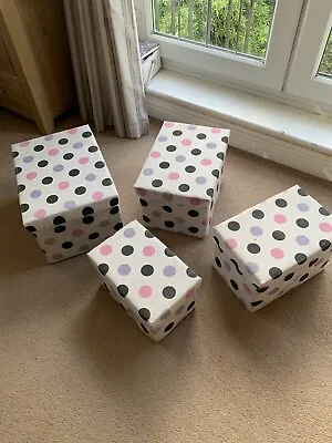 Set Of 4 Fabric Covered Storage Boxes With Lids Purple Pink Spot Circle Design • £15