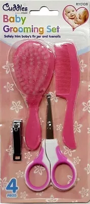 Baby Grooming Set 4 Piece Safe Nail Scissors Clippers And Brush Comb Pink • £3.79