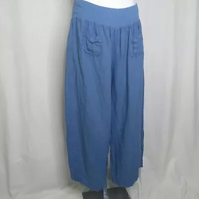 La Bass Women's Wide Leg 2 Palazzo Crop Pants Solid Blue Chambray Italy Linen • $79.95