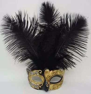 Black Gold Musical Notes Venetian Masquerade Carnival Party Ball Feather Mask • £19.99