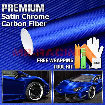 Satin Chrome Carbon Fiber Blue Vinyl Wrap Air Release Decal Sheet Film Sticker • $21.78