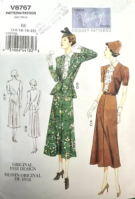 RETRO VINTAGE VOGUE Pattern 1930 2-Piece Dress Ruffled Jabot V8767 Sz14-20 UNCUT • $15.99