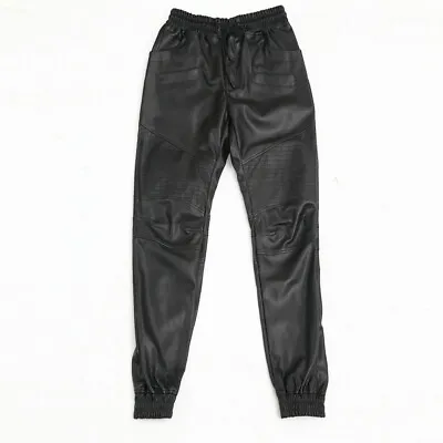 Mens Faux Leather Pants Leggings Stretch Wet Look Drawstring Waist Trouser Slim • £42.92