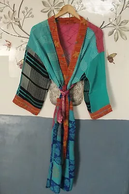 Indian Silk Sari Kimono Robe Sky Blue Bridal Shower Night Women's Clothing Robes • $64.12