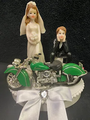 GREEN Motorcycle Wedding Cake Topper W/ Harley Davidson Groom Top  Bike Classic • $58.88