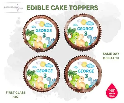 EDIBLE Dino Cupcake Toppers Personalised DINOSAUR Printed ICING-RICE WAFER 2  • £29.95