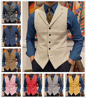 Mens Tweed Waistcoat Notch Lapel Groom Vintage Bestman Vest M Large XL XXL 3XL • $26.02