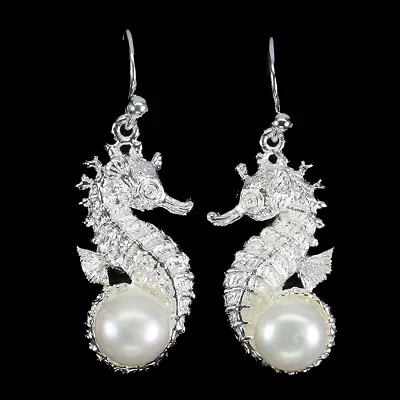 Round White White Pearl 8mm 925 Sterling Silver Sea Horse Jewelry Earrings • $13.50