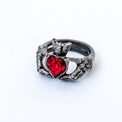 Alchemy Gothic Claddagh By Night Skeleton Hands Red Heart Crystal Ring 2016 • $14.99