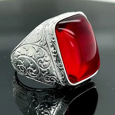 Natural Ruby Stone Ring Man Handmade Silver Ring Red Stone Ring Engraved Ring • $125