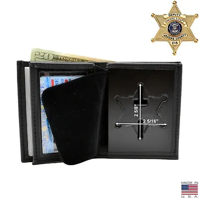 Perfect Fit 6 Point Star Sheriff Badge Wallet Top Banner Black Leather B956 • $37.08