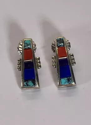 925 Sterling Silver T Mark Navajo Inlaid Turquoise Lapis Coral Earrings Vtg .8” • $44