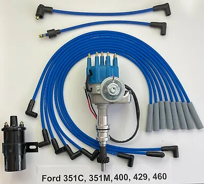 FORD 351C/M 400 429 460 BLUE Small HEI Distributor + Black 45K Coil + PLUG WIRES • $152.65