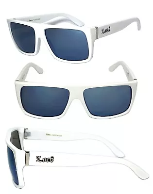 Locs Mens Flat Top Cholo Biker UV400 Sunglasses White Frame Blue Flash Mirror • $9.90