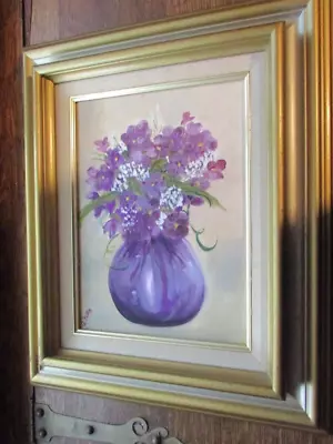 Vtg Oil Painting Artist Signed Flower Arrangement Purple Pansy Flowers Vermont • $75