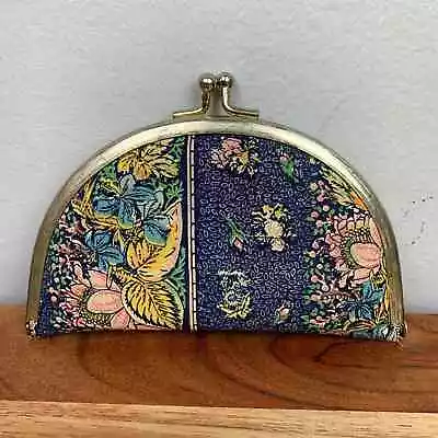 Vintage Floral Pocket Mirror Kiss Lock Clasp Navy 60's Fabric Clutch Compact • $28