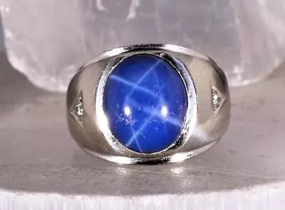 Blue Star Sapphire & Diamond Men's Ring 14K White Gold Size 7.25 • $1195