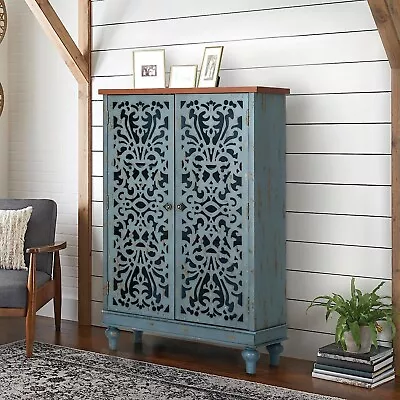 Tall Accent Cabinet With 2 Doors 3-Tier Distressed Storage Cabinet Hollow-Carved • $227.99