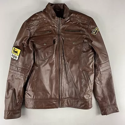 Real Leather MOTO Jacket Men LARGE Motorcycle Biker Cafe Racer Brown AGIP PATCH • $45.50