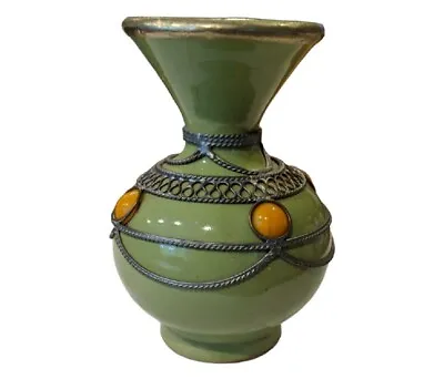 £17.78 • Buy Morocco 4” Green Vase Metal Filigree Overlay Bud 3-D Gold Rim Decorative Jug