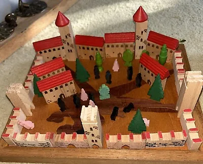 1940s Miniature Wooden Castle Set.  52 Pcs Trees People Roofs Tourette’s Walls • $90