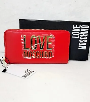 Love Moschino Womens Red Leather Gold Metal Logo Wallet Zip Closure NWT • $189.98