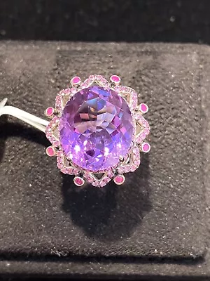 Natural Amethyst 16x14 Sapphire Diamond Cut Sterling Silver 925 Ring • $119.92