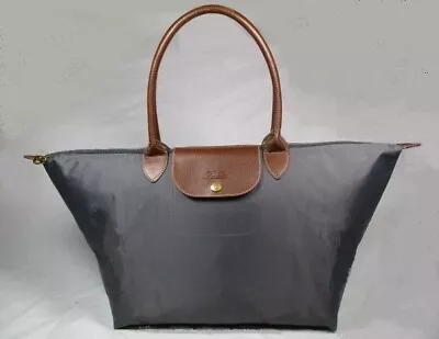 LONGCHAMP Le Pliage Dk Gray NYLON Brn LEATHER XL Folding TOTE SHOULDR BAG Purse • $59.99