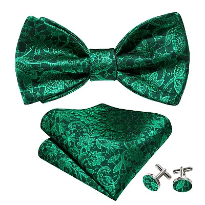 Green Floral Mens Bow Ties Slef Tied Woven Jacquard Tie Square Set Party • $10.99