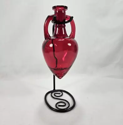 Amphora Style Red Glass Vase Or Decorative Bottle Plant Starter With Stand • $18.95