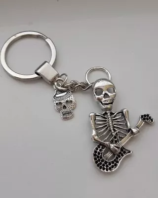 £4.95 • Buy Large Skeleton Sugar  Skull Charm Guitarist Keyring Punk Goth Rock Heavy Metal