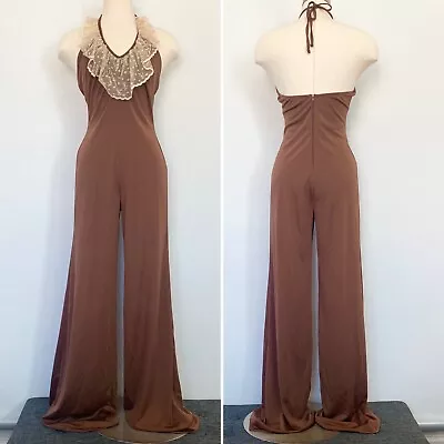 Vintage 70s 80s ESTIVO Silky Brown Disco Halter Jumpsuit Palazzo Catsuit Tall • $195