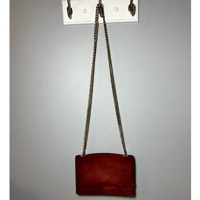 ZARA Suede Leather Chain Strap Convertable Crossbody Sling Flap Bag Red Wine • $29.95