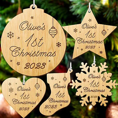 Personalised Baby's First Christmas Bauble Wooden Tree Decoration New Baby Gift • £3.99