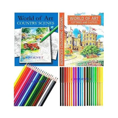 2 X WORLD OF ART ADULT COLOURING BOOK BOOKS SET + 18 PENCILS + 16 FELT PENS • £13.29