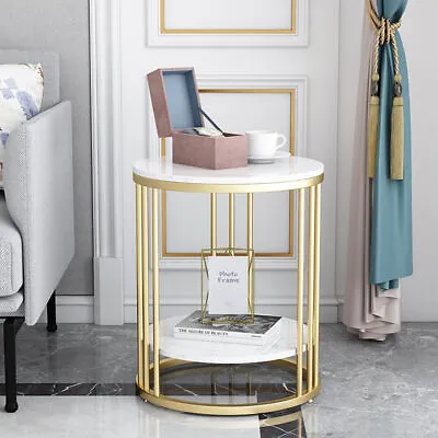 £59.94 • Buy 2-Tier White Marble Side Table Round Coffee Table Nightstand Jewellery Storage