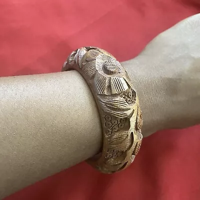 Vintage Wooden Carved Floral Vines Design Bangle Bracelet • $40