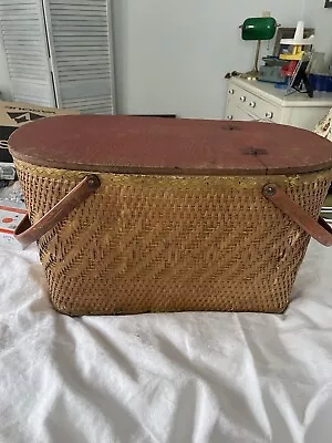 Vintage Woven Wicker Picnic Basket 50s Metal Handles Redmon Peru Used • $18.99