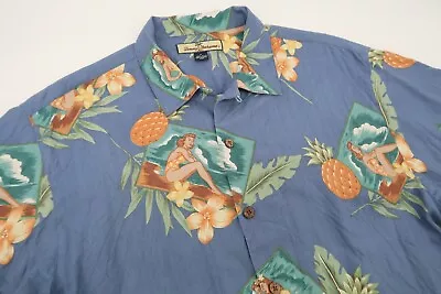 Tommy Bahama Mens Medium Blue Silk Miss Bahama Girl Floral Hawaiian Camp Shirt • $44.95