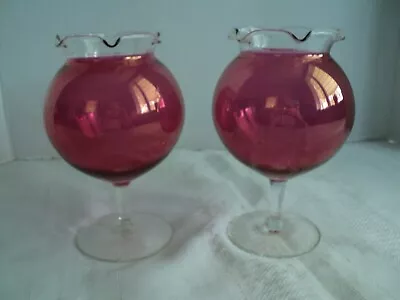 2 Gorgeous Vtg. Cranberry Art Glass Vases Clear Base & Ruffled Top 6  Tall • $29