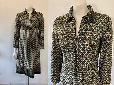 Vintage 70s Dress Green Print Zip Up Abstract Geometric Diolen Europe Retro Sexy • $40
