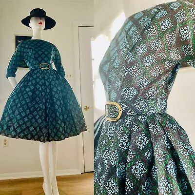 Vtg 1950s Belted Fit Flair Full Skirt Geometric Print Dress S 26 Waist VLV Betty • $189